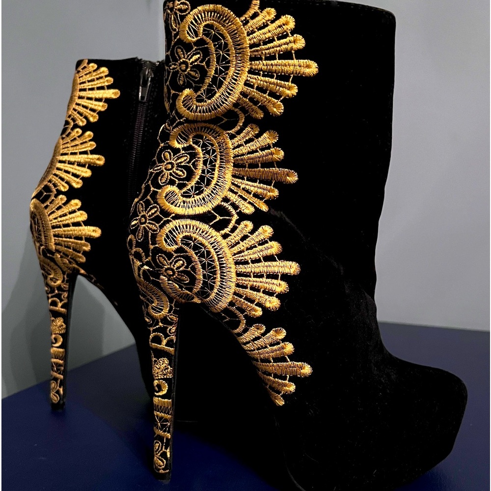 Beautiful faux suede/velvet booties - lightly worn with beautiful gold appliqués